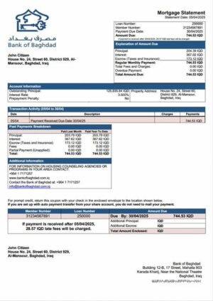 Iraq Bank of Baghdad mortgage statement Word and PDF template