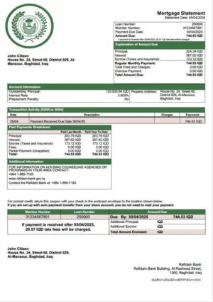 Iraq Rafidain Bank mortgage statement Word and PDF template