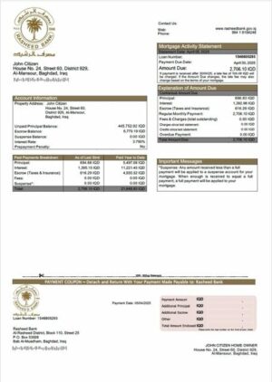 Iraq Rasheed Bank mortgage statement Word and PDF template
