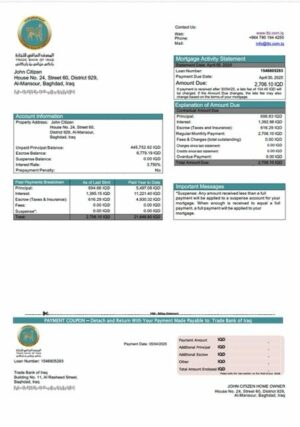 Iraq Trade Bank of Iraq mortgage statement Word and PDF template