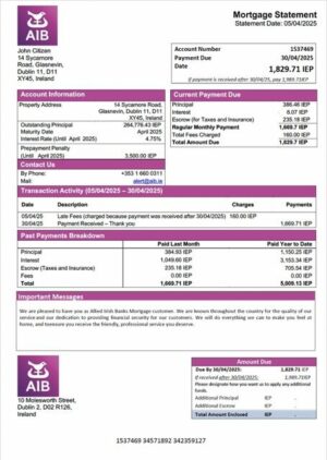 Ireland Allied Irish Banks mortgage statement Word and PDF template