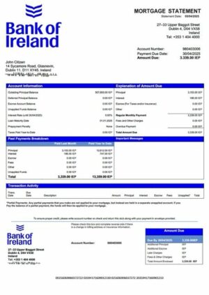 Ireland Bank of Ireland mortgage statement Word and PDF template