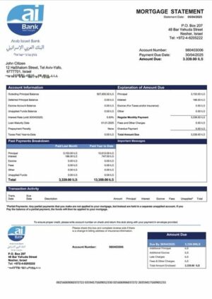 Israel Arab Israel Bank mortgage statement Word and PDF template