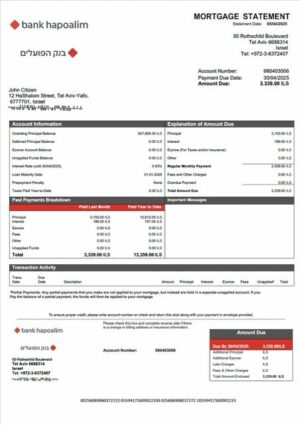 Israel Bank Hapoalim mortgage statement Word and PDF template