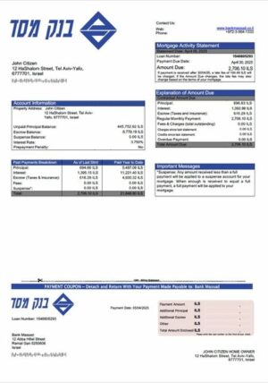 Israel Bank Massad mortgage statement Word and PDF template