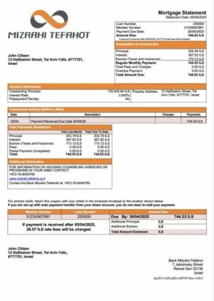 Israel Bank Mizrahi-Tefahot mortgage statement Word and PDF template