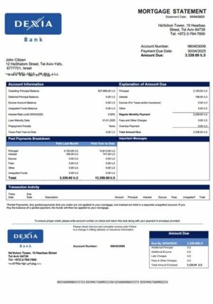 Israel Dexia Bank mortgage statement Word and PDF template