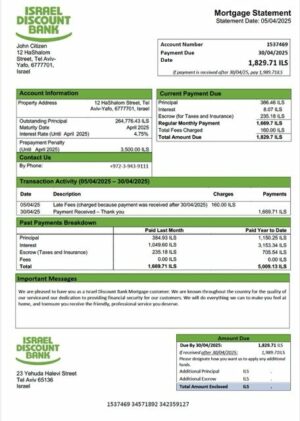 Israel Discount Bank mortgage statement Word and PDF template