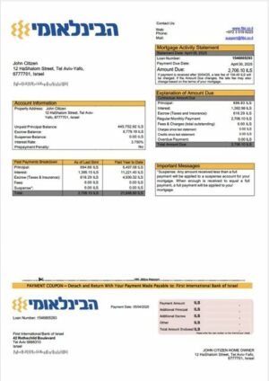 Israel First International Bank of Israel mortgage statement Word and PDF template