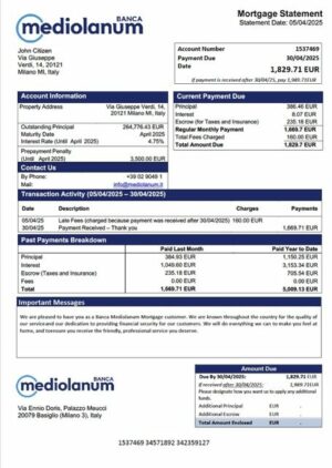 Italy Banca Mediolanum mortgage statement Word and PDF template