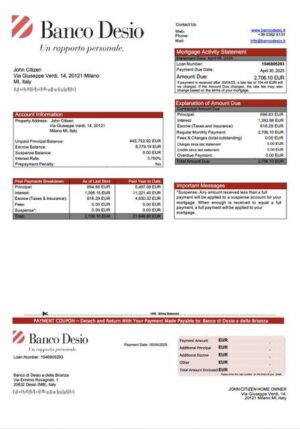 Italy Banco di Desio e della Brianza mortgage statement Word and PDF template