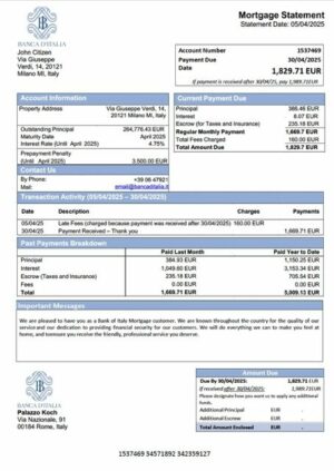 Italy Bank of Italy mortgage statement Word and PDF template