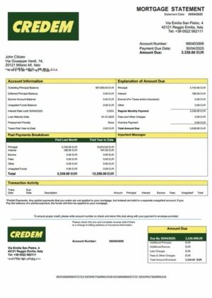 Italy Credito Emiliano mortgage statement Word and PDF template