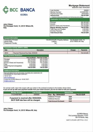 Italy ICCREA Banca mortgage statement Word and PDF template