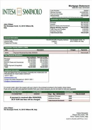 Italy Intesa Sanpaolo mortgage statement Word and PDF template