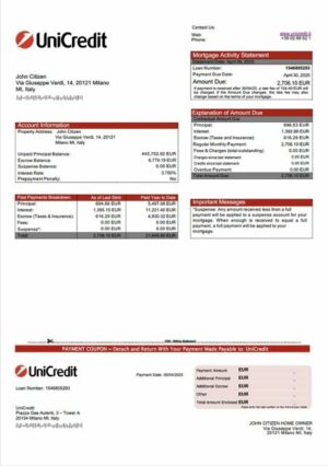 Italy UniCredit mortgage statement Word and PDF template
