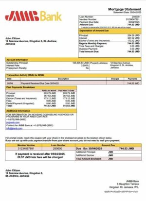 Jamaica JMMB Bank Limited mortgage statement Word and PDF template