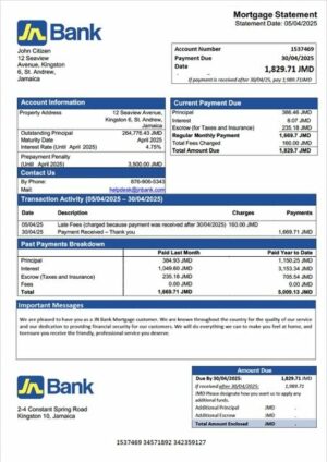 Jamaica National Bank (JN Bank) mortgage statement Word and PDF template