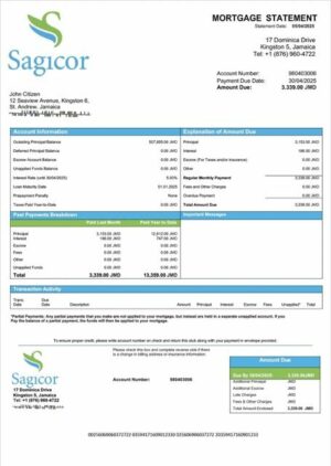 Jamaica Sagicor Bank Jamaica Limited mortgage statement Word and PDF template