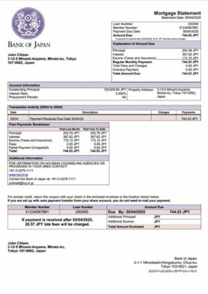 Japan Bank of Japan mortgage statement Word and PDF template