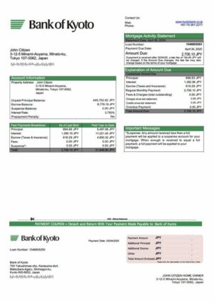 Japan Bank of Kyoto mortgage statement Word and PDF template