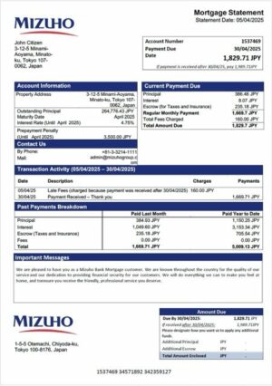 Japan Mizuho Bank mortgage statement Word and PDF template