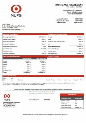 Japan The Bank of Tokyo-Mitsubishi UFJ (MUFG) mortgage statement Word and PDF template