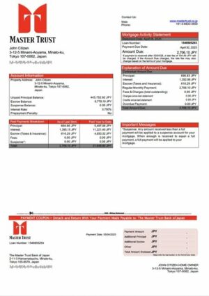 Japan The Master Trust Bank of Japan mortgage statement Word and PDF template
