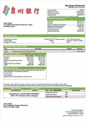 Japan The Senshū Bank mortgage statement Word and PDF template