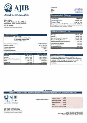 Jordan Arab Jordan Investment Bank (AJIB) mortgage statement Word and PDF template
