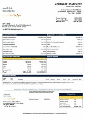 Jordan Bank of Jordan mortgage statement Word and PDF template