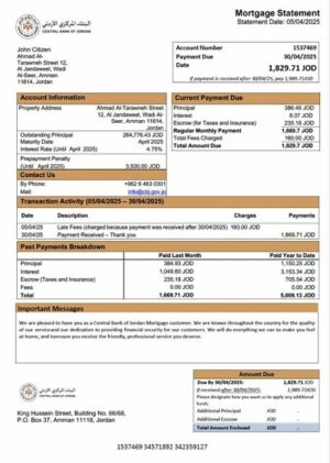 Jordan Central Bank of Jordan mortgage statement Word and PDF template