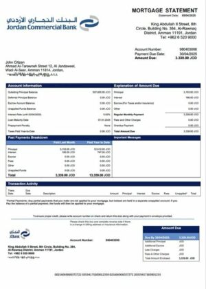 Jordan Commercial Bank mortgage statement Word and PDF template
