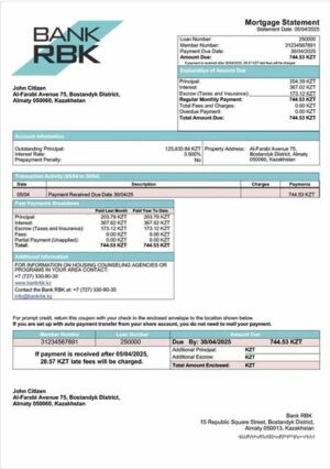 Kazakhstan Bank RBK mortgage statement Word and PDF template
