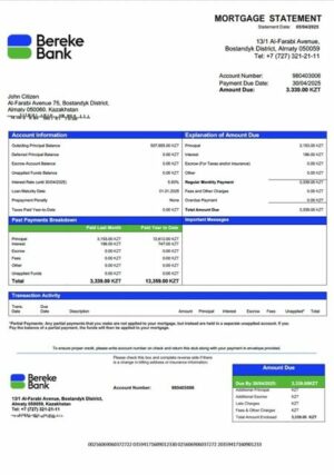 Kazakhstan Bereke Bank Kazakhstan mortgage statement Word and PDF template