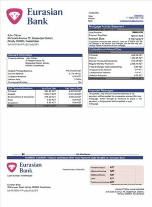 Kazakhstan Eurasian Bank mortgage statement Word and PDF template