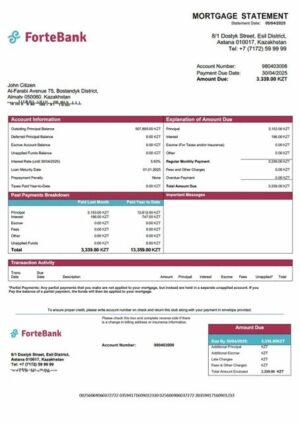 Kazakhstan ForteBank mortgage statement Word and PDF template