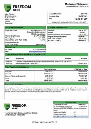 Kazakhstan Freedom Bank Kazakhstan mortgage statement Word and PDF template