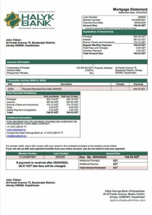 Kazakhstan Halyk Savings Bank of Kazakhstan mortgage statement Word and PDF template