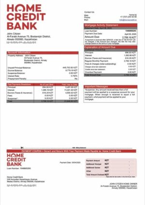 Kazakhstan Home Credit Bank Kazakhstan mortgage statement Word and PDF template