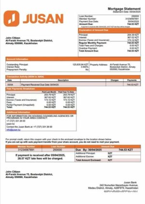 Kazakhstan Jusan Bank mortgage statement Word and PDF template