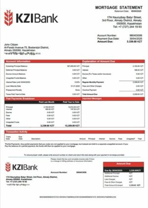 Kazakhstan KZI Bank mortgage statement Word and PDF template