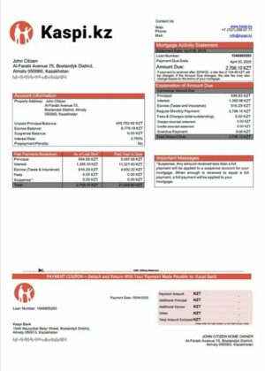 Kazakhstan Kaspi Bank mortgage statement Word and PDF template