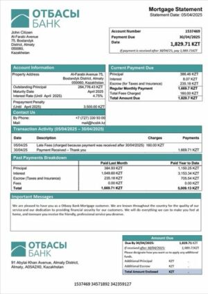 Kazakhstan Otbasy Bank mortgage statement Word and PDF template