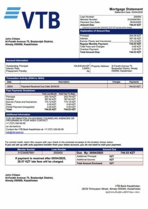 Kazakhstan VTB Bank Kazakhstan mortgage statement Word and PDF template