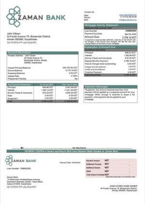 Kazakhstan Zaman Bank mortgage statement Word and PDF template