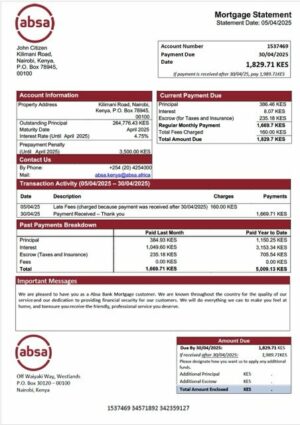 Kenya Absa Bank mortgage statement Word and PDF template
