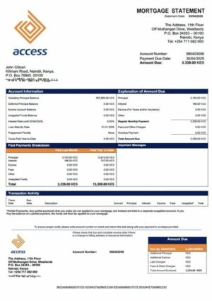 Kenya Access Bank mortgage statement Word and PDF template