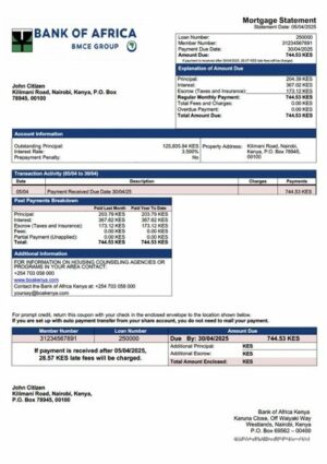 Kenya Bank of Africa Kenya mortgage statement Word and PDF template