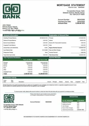 Kenya Co-operative Bank of Kenya mortgage statement Word and PDF template